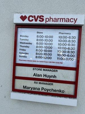 CVS Pharmacy hours 12/2023