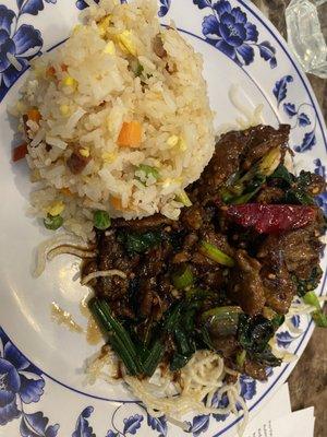 Mongolian beef with fried rice.