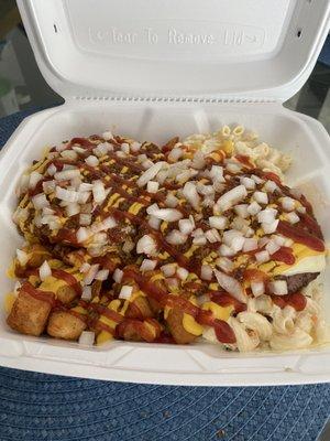 Cheeseburger Plate with home fries, Mac Salad, onions, mustard/ketchup, and meat sauce.