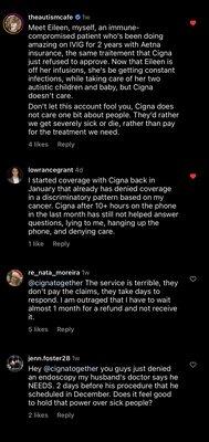 A series of comments on Cigna's Instagram account highlighting similar stories of denied insurance claims for essential coverage.