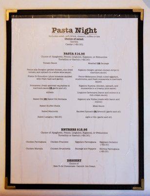 2023-07-12: "Pasta Night" Menu for Monday night through Wednesday night