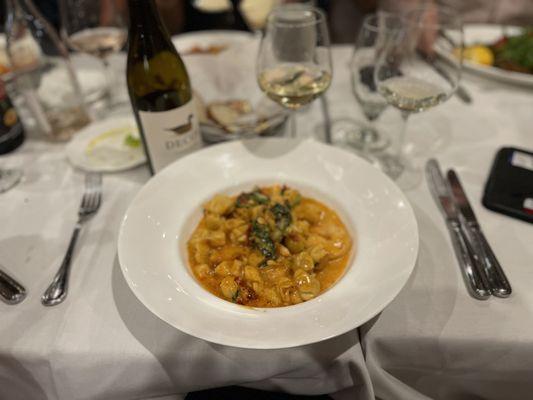 One of the pasta specials of the night Gorgonzola purses with light marinara and shrimp