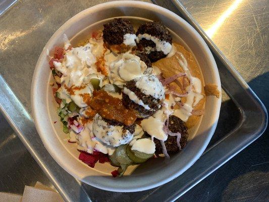 Falafel rice bowl with all toppings and all sauces!