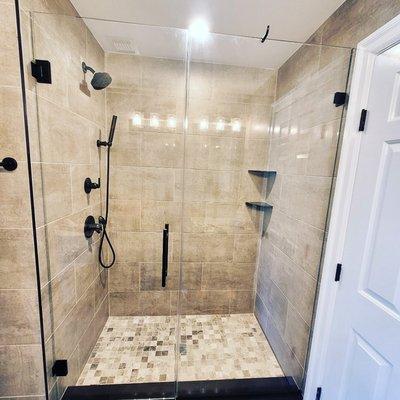 Custom Framless Shower Enclosure with trending Matte Black Finish hardware