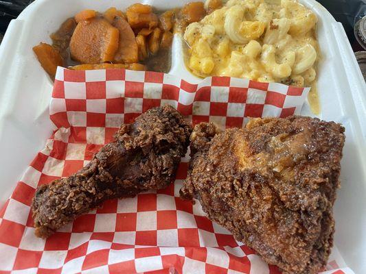 2 piece chicken that comes with 2 sides (yams, mac and cheese) $14