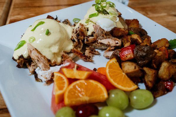 House-smoked salmon eggs benedict