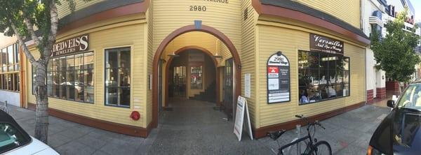 Just off of College Ave through the arch into the courtyard