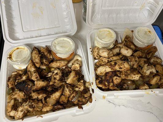 2 halal chicken platters. Very delicious and lots of leftovers for tomorrow.