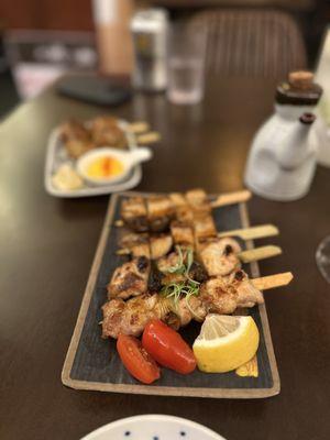 Thigh and oyster mushroom with excellent tsukune in the back