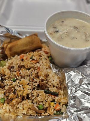 Try chicken fried rice. Served with an egg roll and soup of the day.