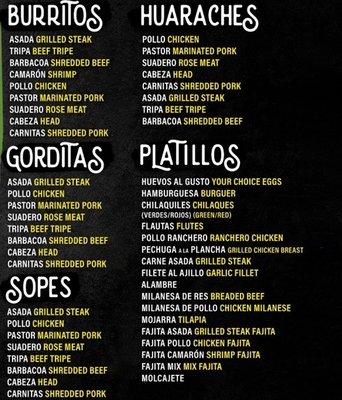 Menu - Burritos, Gorditas, Sopes, Huraches, Platillos