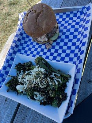 Burger with charred broccolini