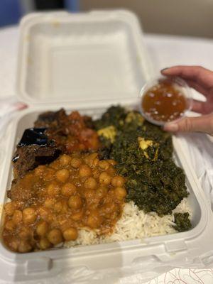 Deliciousness in a box, channa, saag paneer, vegetables