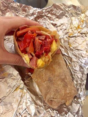 Close up of breakfast burrito goodness