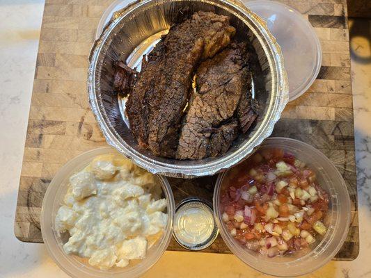 Brisket, potato salad, and vinaigrette salad