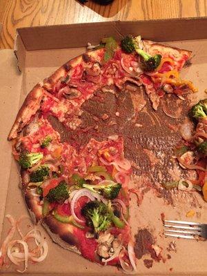 Exactly how it looked after eating 3 slices. So soggy it fell apart and they still served it to me, just covered the hole with toppings.