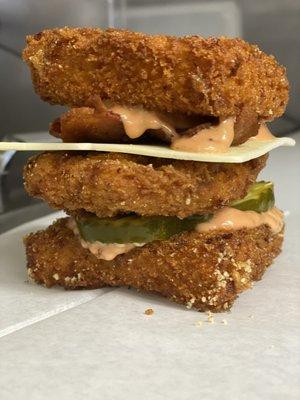 Big Chick MACwich - two Mac& cheese Pattie's hugging a chicken breast loaded with pickles, white cheddar, special sauce and bacon!!!!