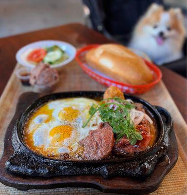 Bò Né - Viet Steak & Eggs: Filet Mignon w/ meatball, pâté, eggs, salad, baguette | $20 + $2 extra pâté (CASH ONLY!)