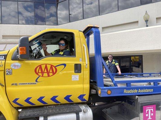 She drove the truck and fixed my tire.  Thank you Pearl!  Julie A