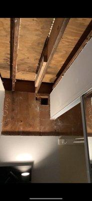 My bedroom ceiling with water stains all over the plywood that we had to dry for days.