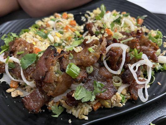 Fried rice with grilled pork toppings. My kids love it!