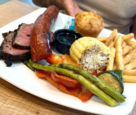 Two Meat Combo: Tri-Tip, Sausage, Grilled Veggies, Fries, and Cornbread