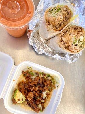 Super Burrito: steak, Taco: pork, sea breeze smoothie: strawberry, mango, passionfruit (06/2022)