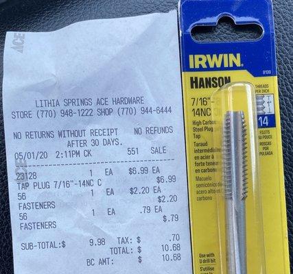 Receipt and tool.