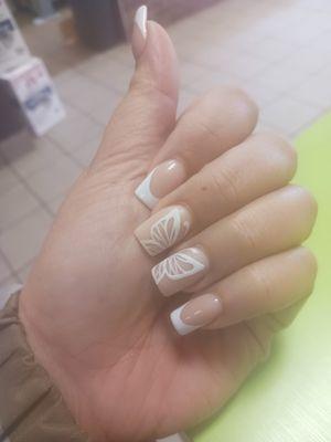 French acrylic nails with butterfly art by Jade