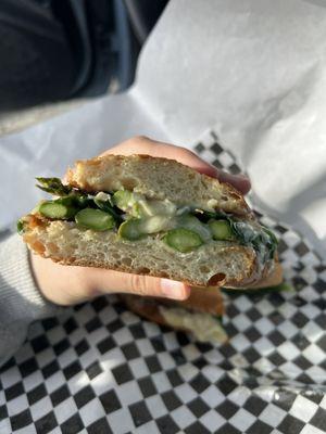 Asparagus, white cheddar, spinach, homemade herb mayo, buttered baguette, an amazing sandwich!!