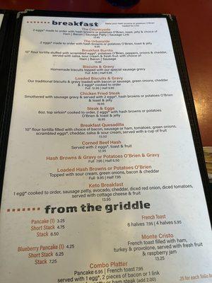 Menu of breakfast options