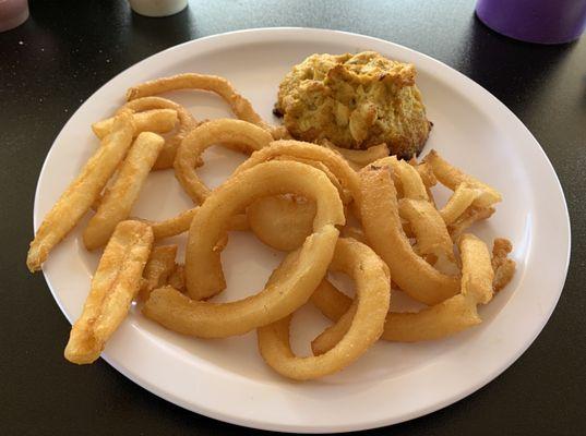 Crab cake and onion rings