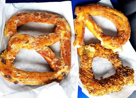 Country Twist -- soft pretzel 3 ways (2 half-eaten), clockwise cinnamon sugar, praline, choco chip + vanilla sugar