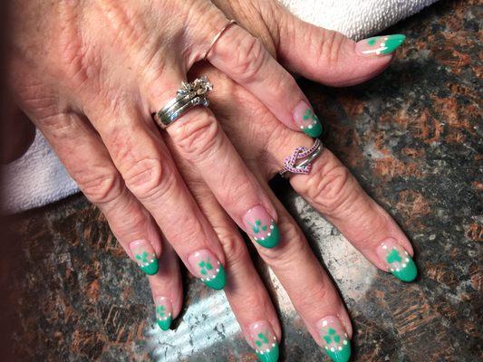 St. Patrick's Day Green French Tips with Three-Leaf Clover