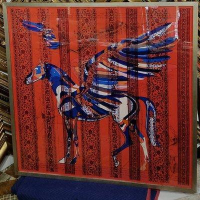 Hermes Scarf in a silver leaf custom frame; 54"x54"