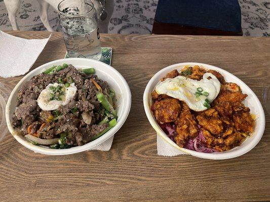 Bulgogi rice bowl and make your own bowl with Korean fried chicken (mild spicy). Huge portions!