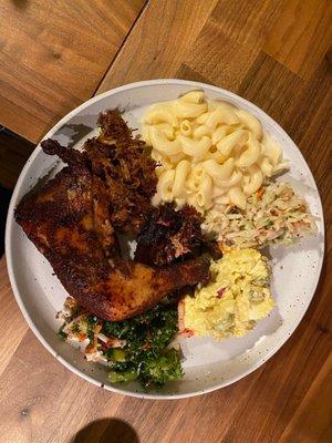 Cider brined chicken, pulled pork, white cheddar Mac, Sasquatch salad, an moms tater salad!! Yummm!!