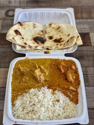 Mango chicken & chicken tikka masala with rice & plain naan. 2 item combo, $11.41 includes tax