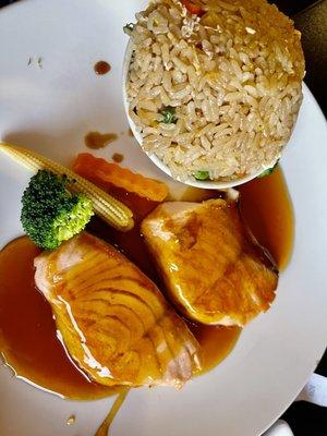 Terriyaki Salmon with fried rice.