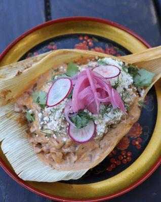 Stroganoff tamale. Organic masa filled with Lamb or vegan jackfruit. With chipotle stroganoff mushroom sauce. (GF)