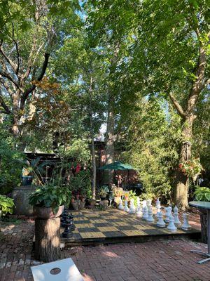 Human-sized chess board in the Biergarten.