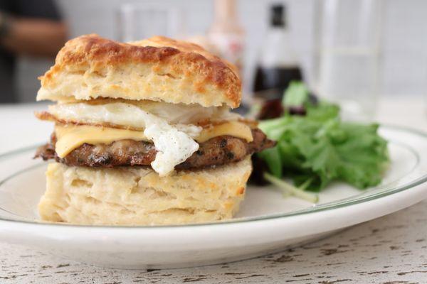 chicken sausage, egg and cheese biscuit sandwich.