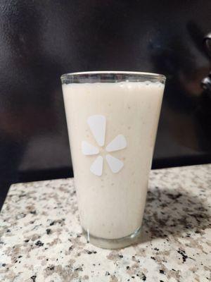 ripe banana + banana smoothie mix (Winco in produce area) + ice cubes + coconut milk + Bacardi silver rum = fantastic smoothie