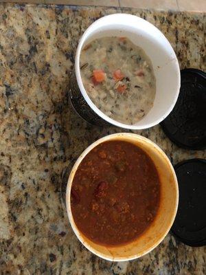 Deli Soups MWF favorites: Chili with beans and Chicken with wild rice