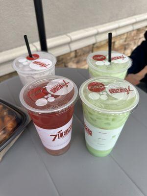 Two Mung Bean Milk Teas & One Taro Milk Tea & One Strawberry Hibiscus Tea