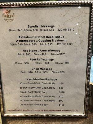 Massage menu