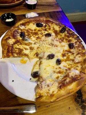 Pizza with pepperoni and olives - so yummy!