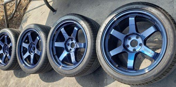 Mag Blue Volk TE37'S tire service by Lopez Tires