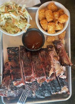 St Louis Ribs, BBQ sauce, Cole Slaw and Tater Tots.