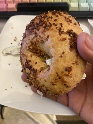 Garlic Bagel with Chive Schmear on the other side